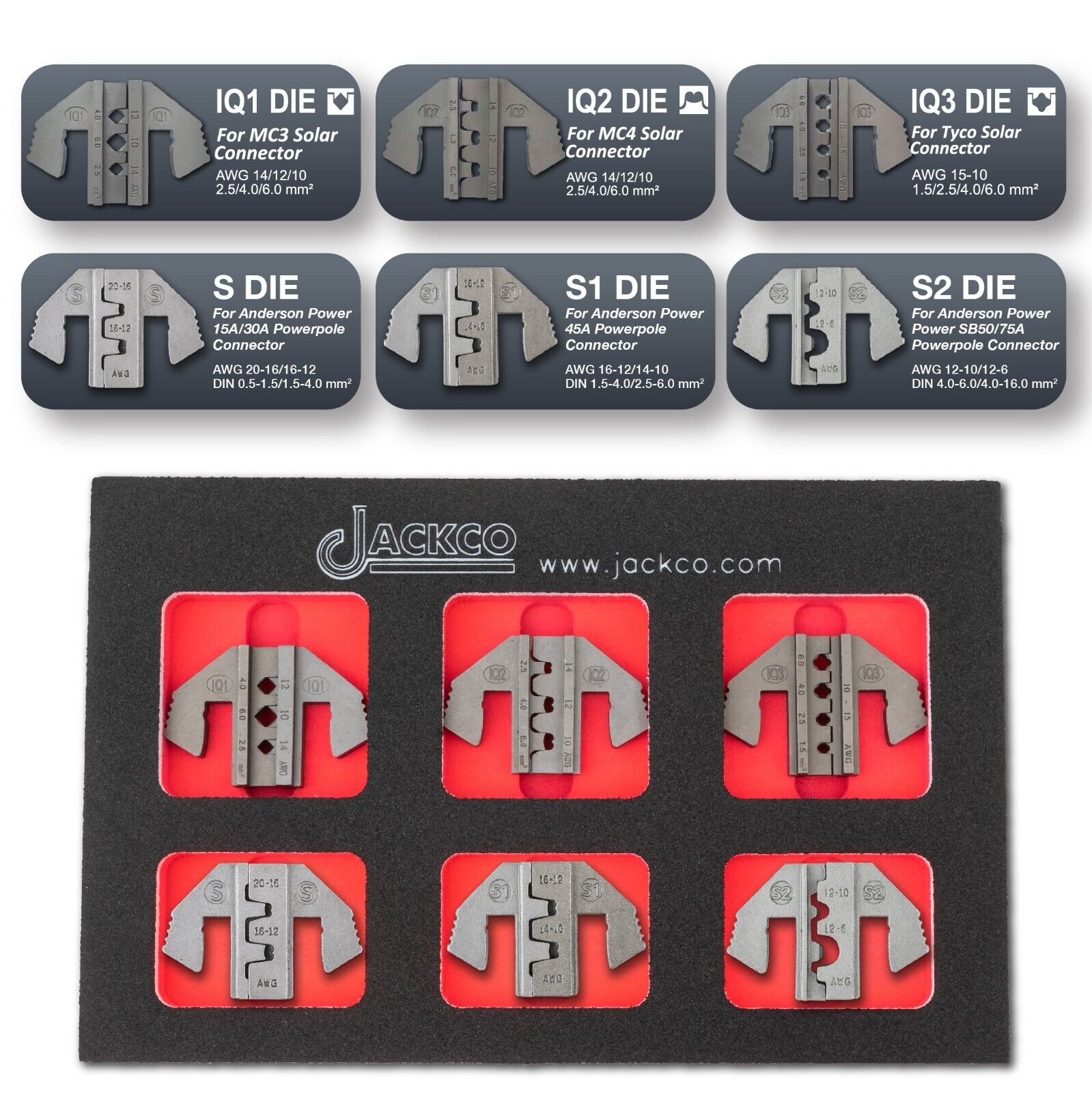 Crimping Tool Die Set - IQ1, IQ2, IQ3, S, S1, S2 Dies for MC3, MC4, Tyco Solar and Anderson Connectors