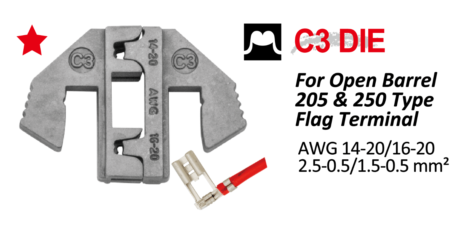 Crimping Tool Die - C3 Die for Open Barrel 205 & 250 Flag Terminal