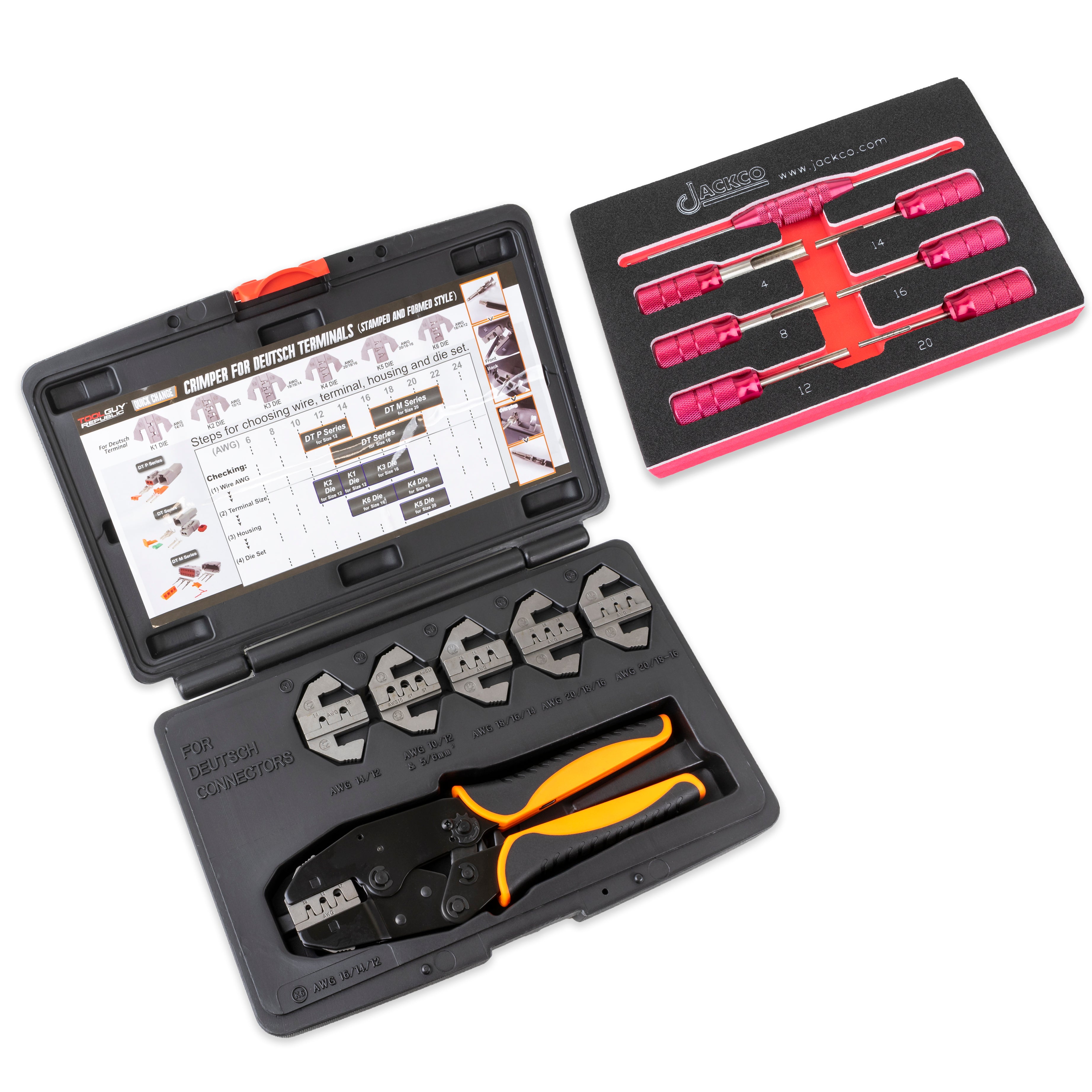 Deutsch Terminal Ratcheting Crimping Tool- Includes 6 Quick Change Dies PLUS 7pc Deutsch Terminal Release/Removal Tool Kit
