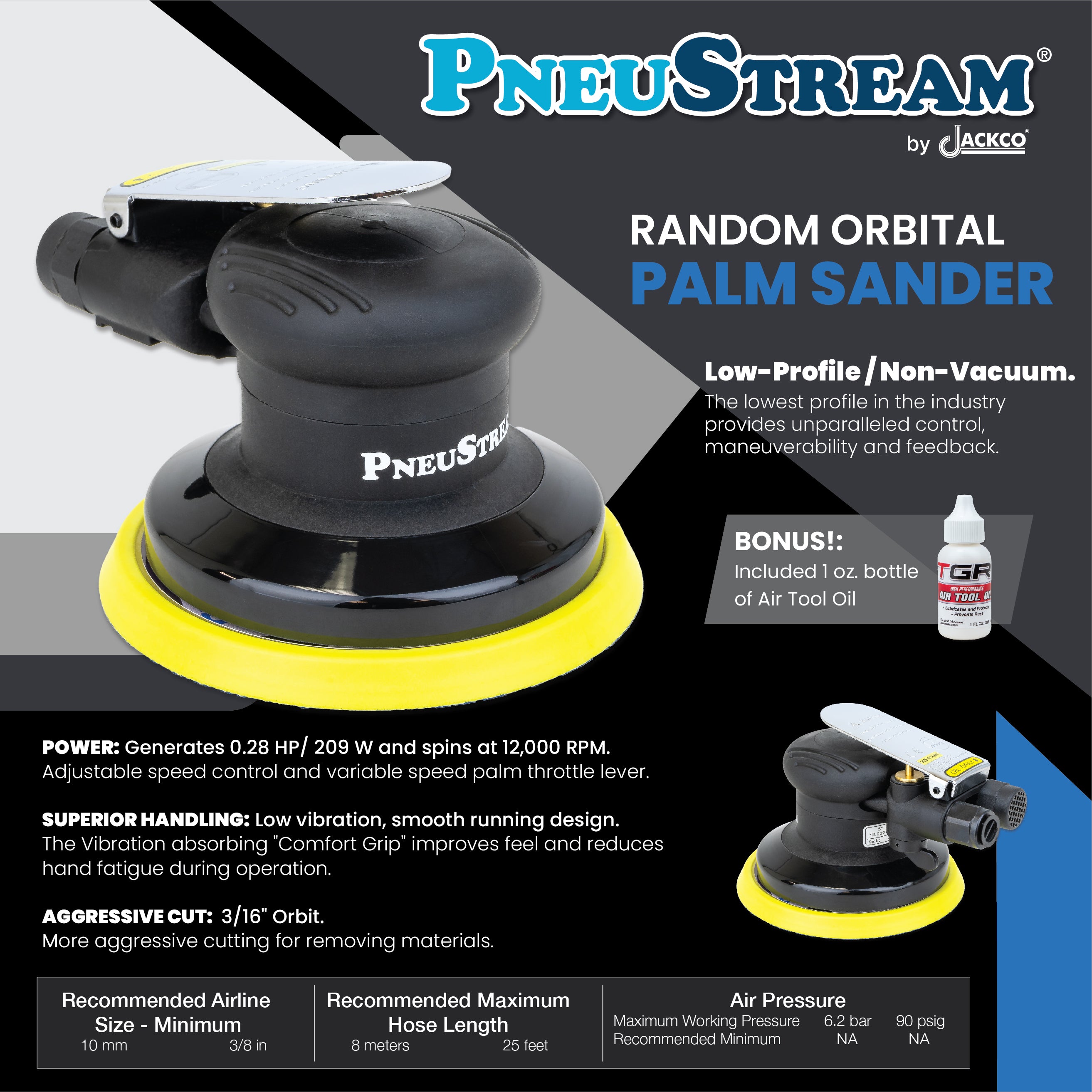 PneuStream 5" / 6" Palm Style Air Random Orbital Sander - 3/16" Orbit