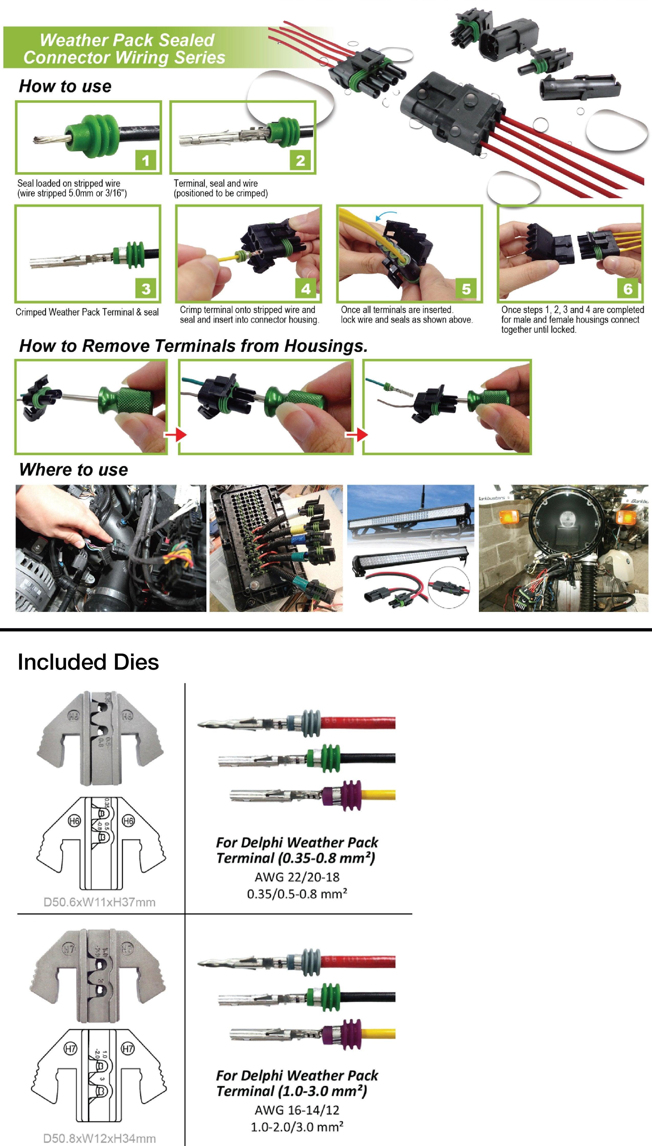 225pc Weather Pack Terminal Ratcheting Crimping Tool & Connector Kit - Includes 2 Interchangeable Dies and Wire Strippers