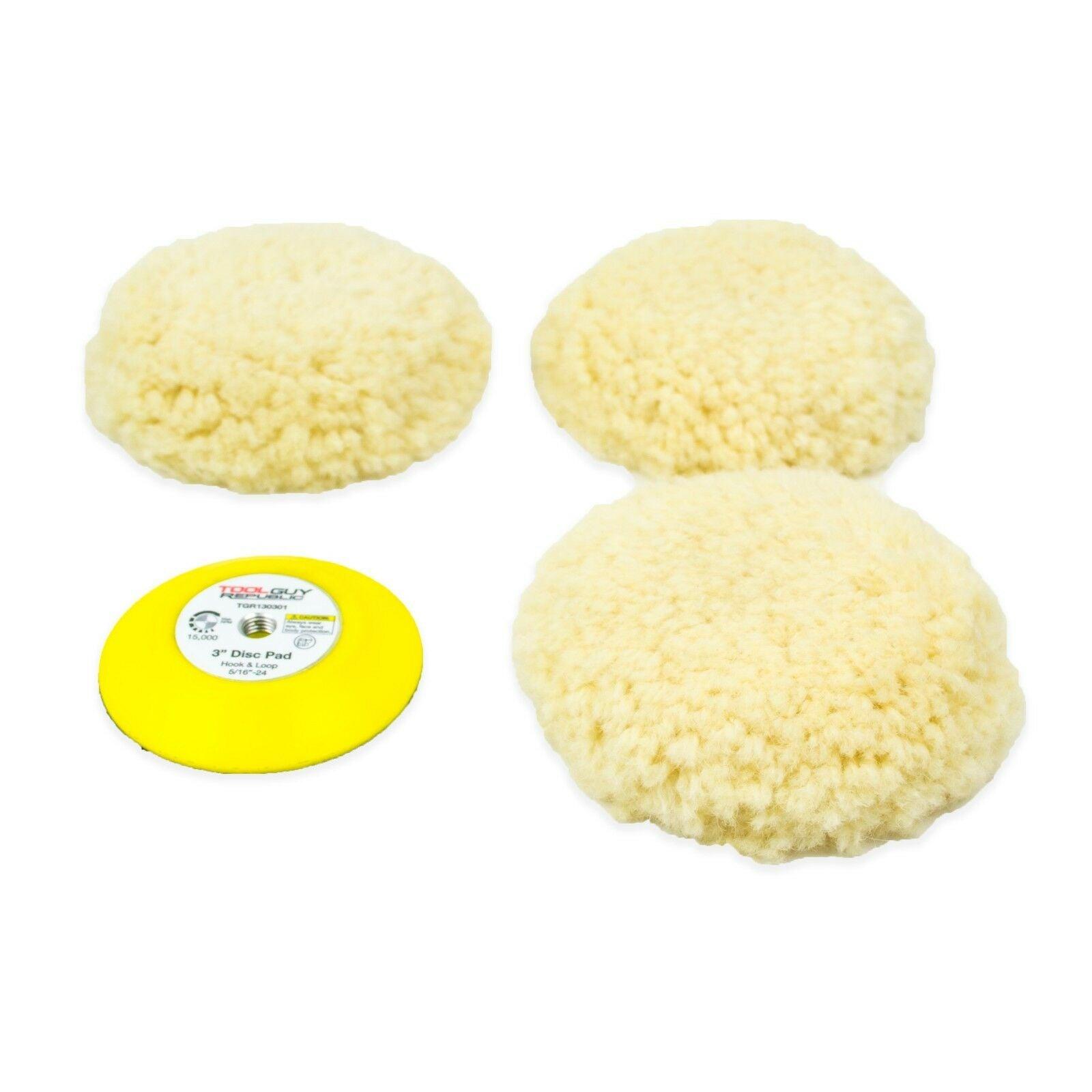 3pk- 3" Wool Buffing Pad with Curved Edge for Heavy Cutting/3" Female Backup Pad - Tool Guy Republic