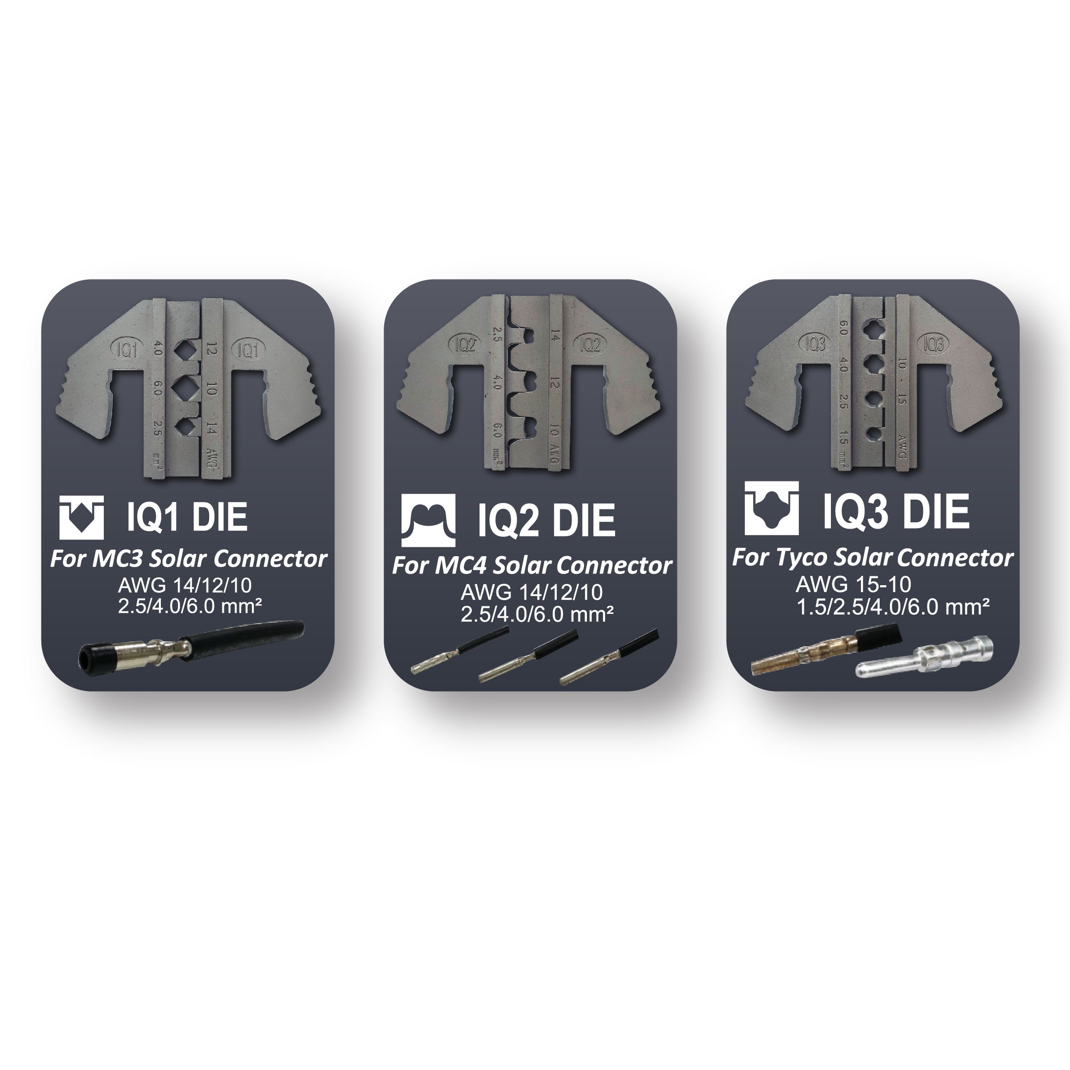 Crimping Tool Die Set - IQ1, IQ2, IQ3 Dies for MC3, MC4, Tyco Solar Connectors - Tool Guy Republic
