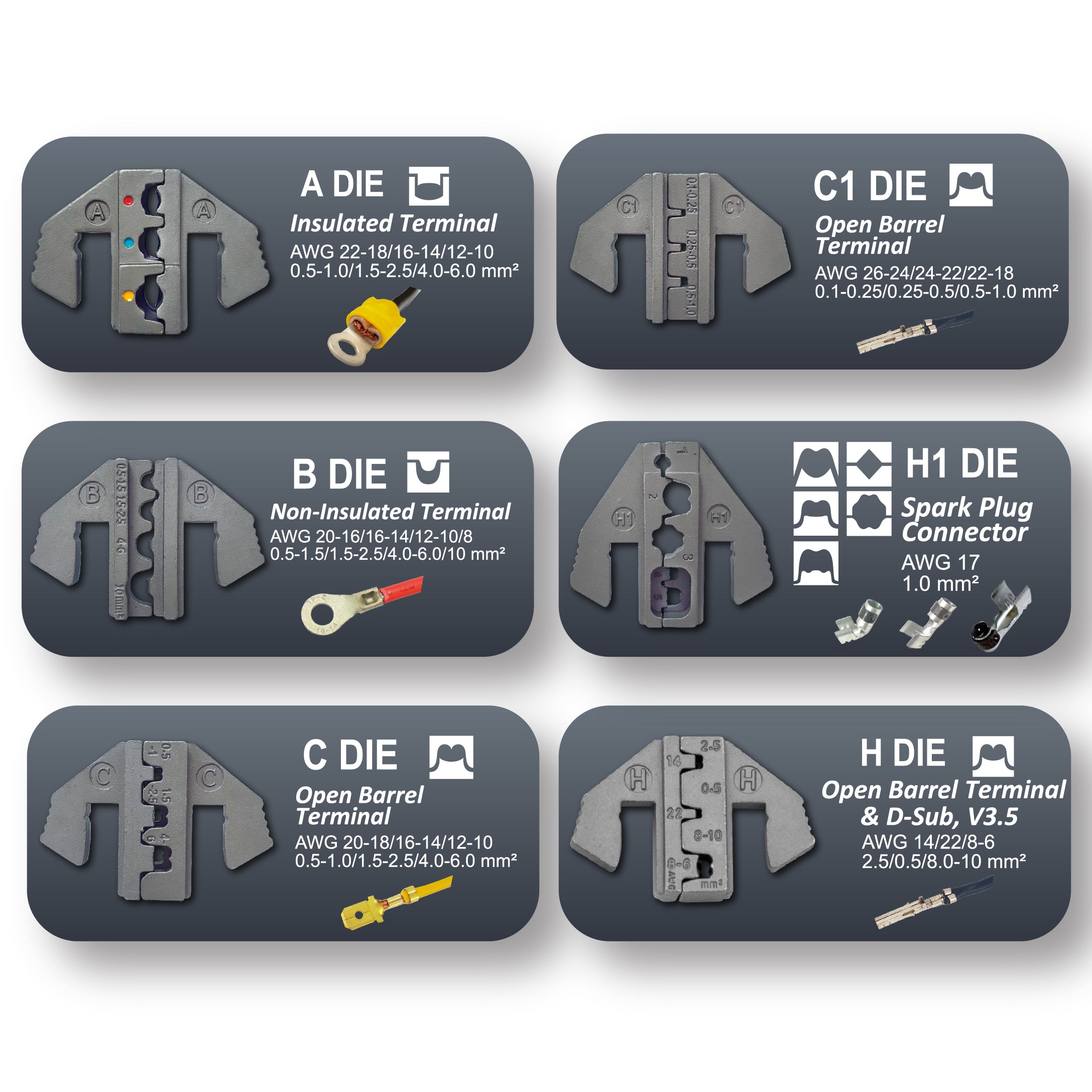 Crimping Tool Die Set - A, B, C, C1, H1, H Dies for Insulated, Non Insulated, Open Barrel & Spark Plug Terminals - Tool Guy Republic