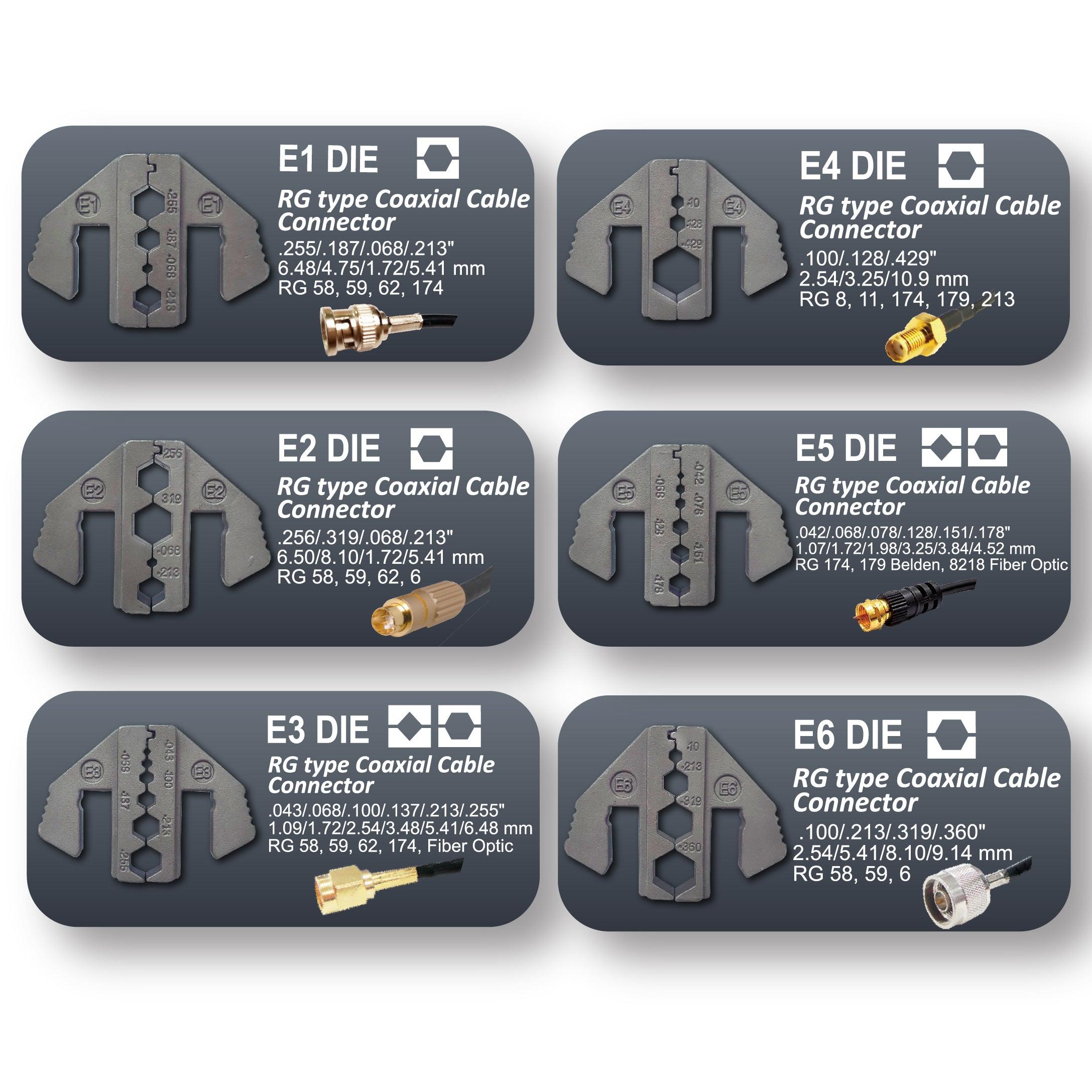 Crimping Tool Die Set - E1, E2, E3, E4, E5, E6 Dies for RG Type Coaxial Cable Connector Terminals - Tool Guy Republic