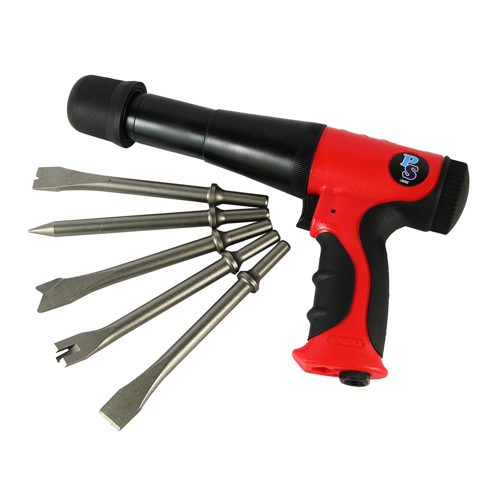 Long Barrel Air Hammer Kit Reduced Vibration with 5pc Chisel Set - Tool Guy Republic